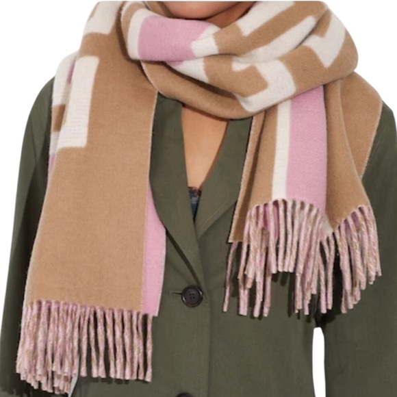 NWT Coach Reversible Colorblock Varsity Print Overrsized Muffler Pink/Taupe - Picture 2 of 6